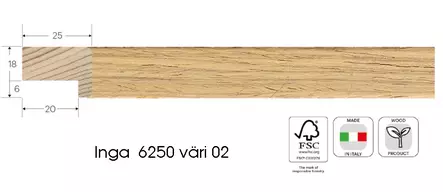 Bubola Inga 6250 02 kehyslista 3m, 18x25mm (lev x kork), hinta per metri - Litteät ja pyöristetyt kehykset - 42727 - 2